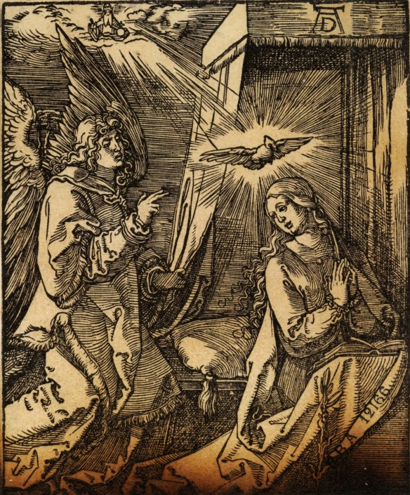 Albrecht Dürer, The Annonciation, ca. 1510, from "The Passion," 1511, wood engraving, 12 x 10 cm